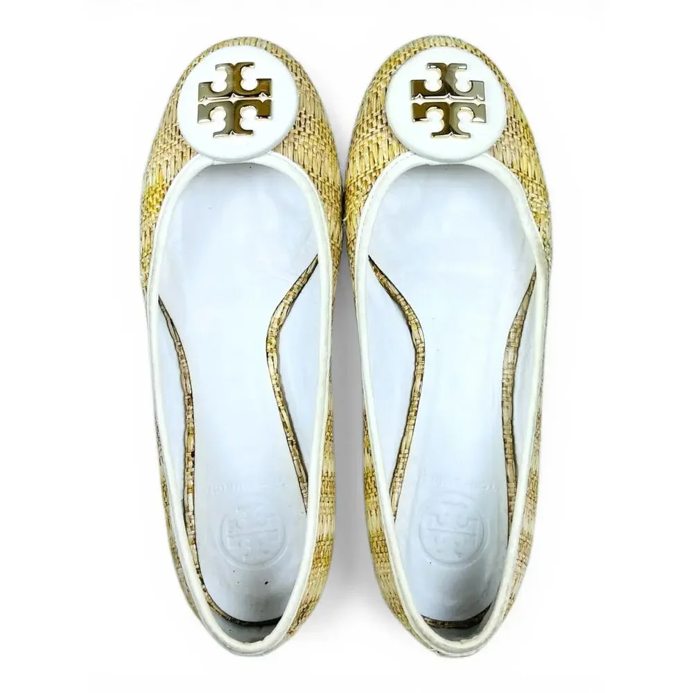 Tory Burch Reva Raffia Ballet Flats Size 7 Natural Woven Gold Logo